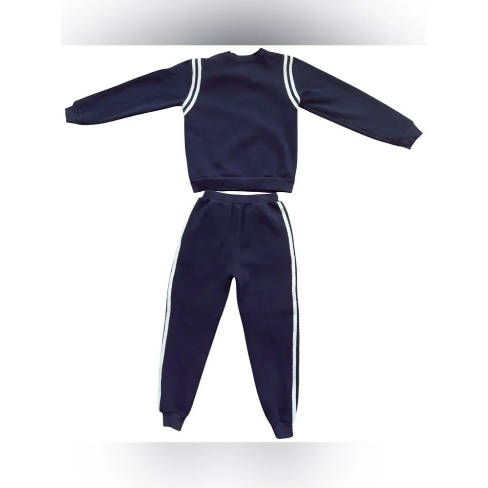 Lola + The Boys Kids Long Sleeve Embroidered Varsity Patch l Blue Jogger Set. 8